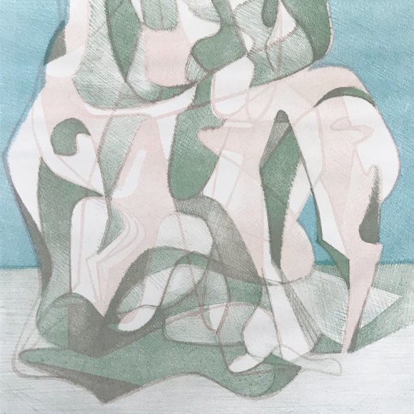 Blue Green Peach Figural Abstract Expressionist Silkscreen Print Art - Picture 4 of 4